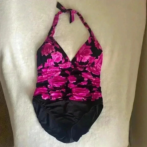 NEW MagicSuit One Piece Black & Pink Floral Rose Swimsuit Size 12 Style 88777 - Picture 1 of 10